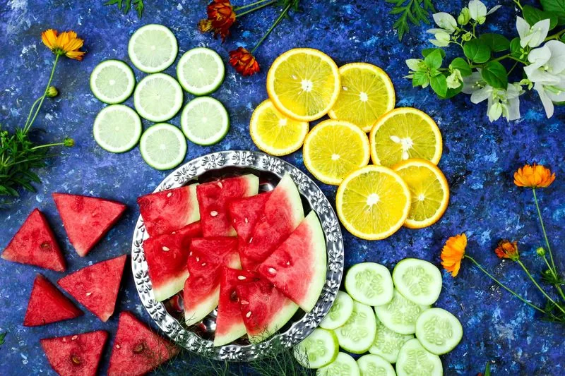 Tranches de pastèque, concombre, citron vert et orange, des fruits riches en eau pour s'hydrater quand il fait chaud